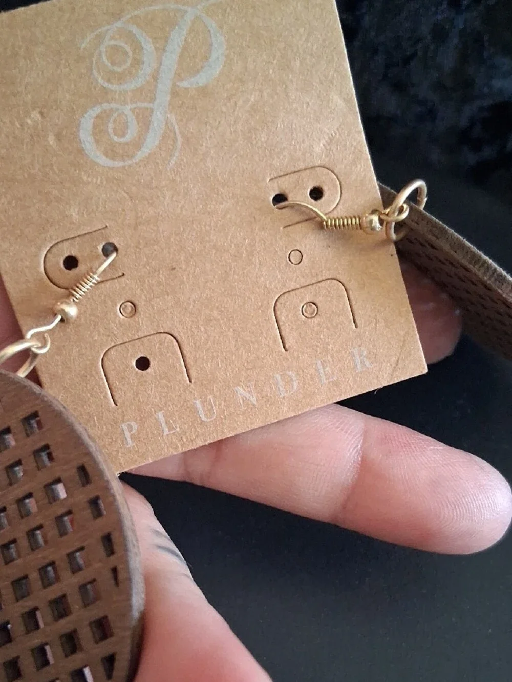 Plunder Laser-Cut Round Brown Wood Lattice Earrings